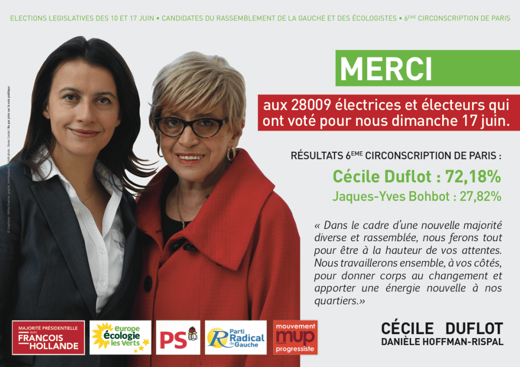 Remerciements de Cécile Duflot aux électeurs de la 6e&nbsp;circonscription